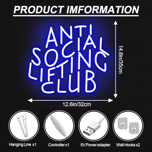 Image of Anti Social Lifting Club Neon Light Signs Weight Lifting Sign | USB Powered Dimmable Workout Gym Wall Decor Home Gym Decoration 14.6 inchx12.6 inch