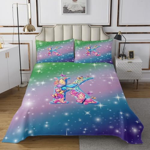Letter Butterfly Quilt Bedding Set Twin,Cartoon Initial Letter K Coverlet Bedspread,Teens Girls Flowers Lightweight Bedding Bed Cover,Dreamy Gradient Starry Sky Bedspread Set (1 Quilt+ 1 Sham)