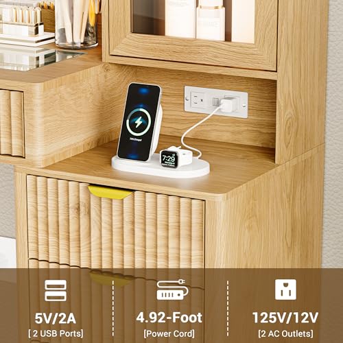 Image of Vanity Desk with Mirror and Lights, 45 inch Fluted Makeup Vanity Desk with Lights &5 Drawers, Glass Top Vanitys with Lighted Mirror and RGB Cabinet, Dressing Table with Power Outlet for Bedroom, Oak