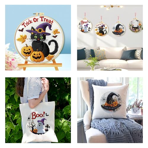 Image of Zhenqing 4-Piece Halloween Embroidery Kit for Beginners - Spooky Ghost, Witch Hat, Black Cat & Cauldron Designs with Pre-Printed 29x29cm Cotton Fabric, Hoop, Threads & Tools(C0165)