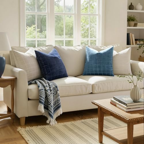 Image of MIULEE Blue Plaid Decorative Throw Pillow Covers 20x20 Set of 2 | Vintage Check Chenille Couch Pillows Neutral Boho Farmhouse Cushion Covers Modern Home Decor for Sofa Bed Living Room