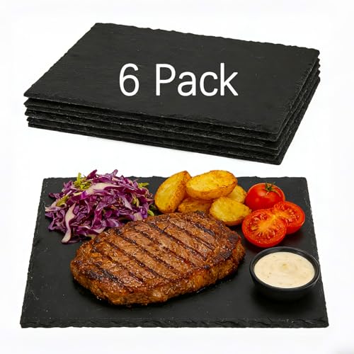 DASSNANE 6 Pack 12 inch*8 inch Cheese Boards Black Slate Charcuterie Boards Slate for Laser Engraving Natural Food Contact Safe Stone Suitable for Gourmet Platter of Meat Fruit Party Appetizers