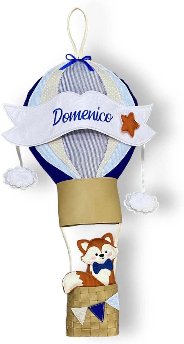 Pri Frog Fiocco Nascita Mongolfiera con Volpino - Coccarda nascita - bimba - bimbo - Nome Personalizzato - Dimensione circa 65 cm di altezza - Handmade - Made in Italy