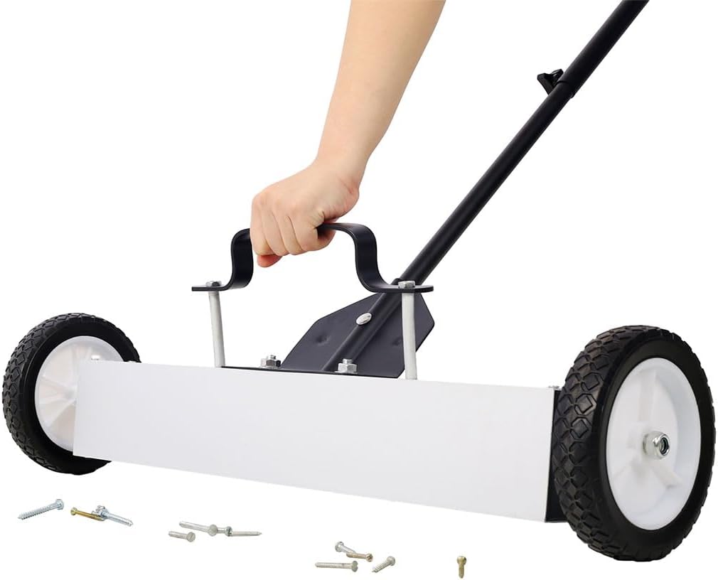24'' Rolling Magnetic Pick-Up Sweeper, 30 Pound Capacity with Release and Adjustable Long Handle, Heavy-Duty Magnet Sweeper, Screws Parts Finder, for Nails Needles Screws Collection