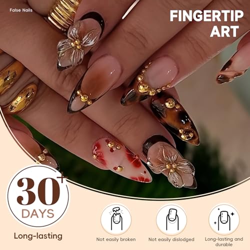 HOSAILY Medium Almond 3D Brown Gold Flower Press on Nails-‎ Tortoiseshell Leopard French Tip Blossom Gradient Design,24Pcs Handmade Fall/Autumn/New Year Glue on Acrylic Fake Nail Press ons for Women - Thumbnail 4
