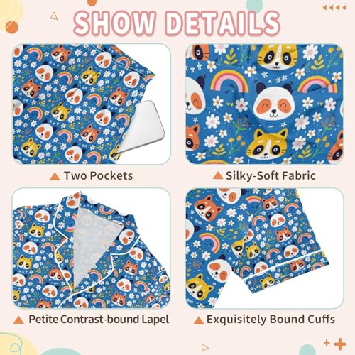 senya Rainbow Flower Panda Satin Summer Pajama Sets Silk Short Sleeve Button Down Sleepwear3