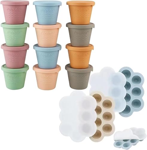 PandaEar Paquete de 12 recipientes de silicona para almacenamiento de alimentos para bebés y 2 bandejas para congelador de alimentos para bebés