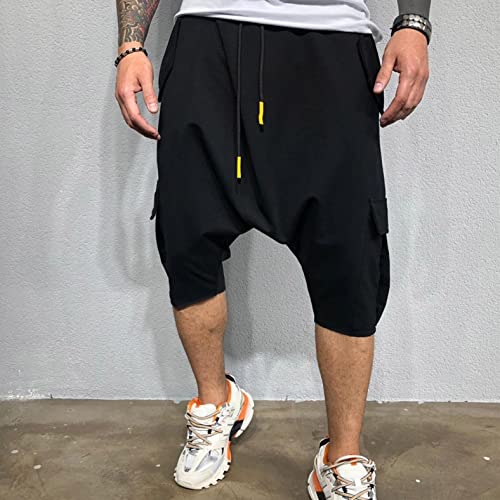 Wuai-Men Drawstring 3/4 Harem Workout Jogger Hippie Drop Crotch Loose Baggy Cargo Capri Yoga Pants Plus Size(Black,Medium) #TOP1
