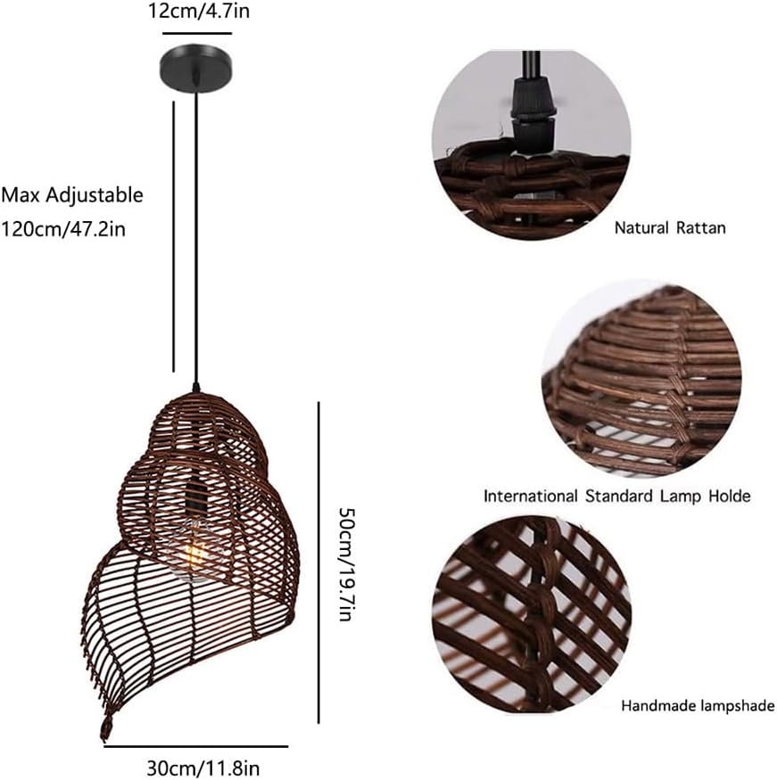 Retro Conch Pendant Lamp Hand Woven Ceiling Lighting Weave Bamboo Rattan E26 Hanging Light Fixture Retro Japanese Wicker Lamp Shade for Bedroom Restaurant Cafe Brown