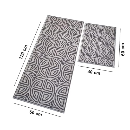 Image of Matz&More Anti Slip Runner & Floor Mat Combo Set 50x120cm Runner 40x60cm Door Mat Greek Geometric Pattern Nylon Tufted Low Pile Non-Skid Rubber Backing Indoor Carpet for Kitchen, Bathroom, Grey Beige