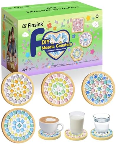 Finsink Mosaik bastelset kinder 4pcs mosaik untersetzer bastelset diy holz untersetzer Set Mosaiksteine zum basteln set Geburtstagsgeschenke für Kinder erwachsene perfektes Muttert