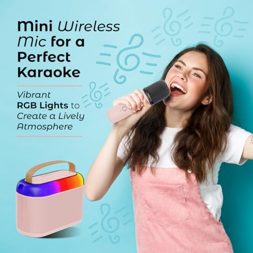 pTron Newly Launched Fusion Joy 20W Bluetooth Speaker with Wireless Karaoke Mic, 6Hrs Playtime, Vivid RGB Lights, Voice Effects, Multi-Play Modes BT5.3/TF Card/USB & Type-C Charging Port (Light Pink) 3 51mOOy+zhUL