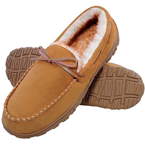 festooning Slippers for Men, Mens Moccasin Slippers with Soft Plush Warm Lining Casual Shoes Indoor Outdoor Non Slip Rubber Sole Brown 10 M US