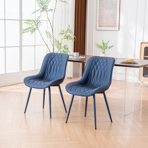 Image of YOUNIKE Dining Chairs Set of 2 Kitchen & Dining Room Chairs Modern Blue | Faux leather waterproof, comfortable accent side chairs with upholstered back and metal legs, easy to clean assemble; 300lb