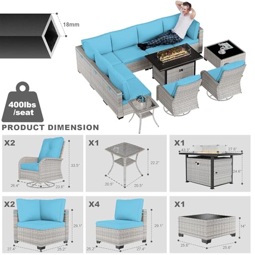 Image of 11-Piece Patio Furniture Set, Outdoor Patio Furniture with 55,000 BTU Fire Pit Table, Swivel Chairs Set, Thick Cushions, Modular Patio Sofa, Dual-Strand Wicker Rattan, Rust-Resistant Frame, Blue
