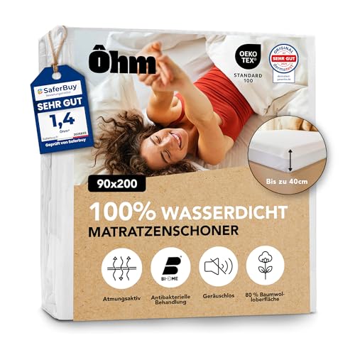 Matratzenschoner 90x200 cm | wasserdichte & geräuschlose Matratzenauflage | Hypoallergene & saugfähige Baumwolle | In Spannbetttuch-Form mit 40 cm Steghöhe | Anti-Milben | Oeko-TEX | Ôhm