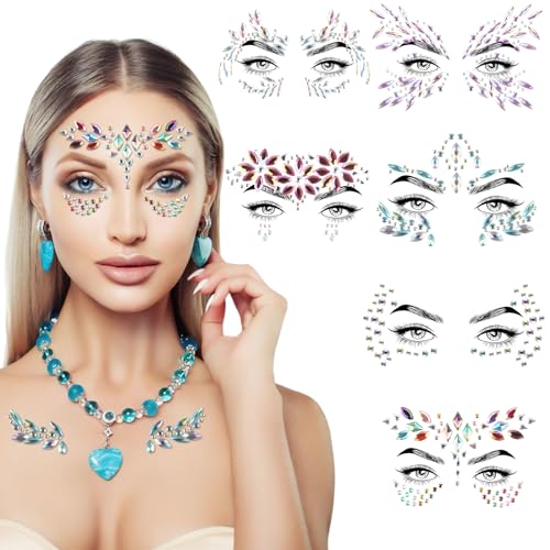 5 folhas de tatuagens temporárias com 1 folha de autocolantes de purpurina para olhos de unhas, autocolantes, cristais brilhantes, para carnaval e festas