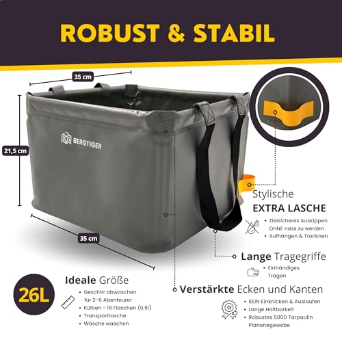 BERGTIGER® Faltschüssel Camping 18/22/26L mit EXTRA GRIFF I Faltbare Outdoor Spülschüssel & Spülwanne I Waschschüssel faltbar zum Abwaschen I robustes Camping Zubehör (Anthrazitgrau/Gelb - 26 Liter)