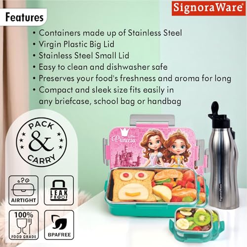 Image of SIGNORA WARE Delight C Nugget Stainless Steel Printed Lunch Box Set for Kids | Airtight Lid with Clip Lock | Compact & Sleek Size | Great for Picnics & Outdoors (700ml + 130ml + 750ml Bottle | Pink)