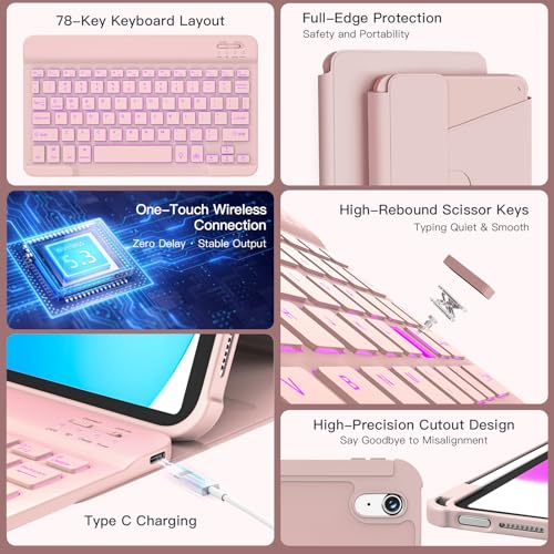 Image of RAYMCRAFT for iPad 11th(A16, 2025) /10th Generation Case with Keyboard, 360 Rotatable Case & Detachable Backlit Keyboard, Precision Cutouts and Pen Holder for iPad A16 11'' /10th 10.9'', Light Pink