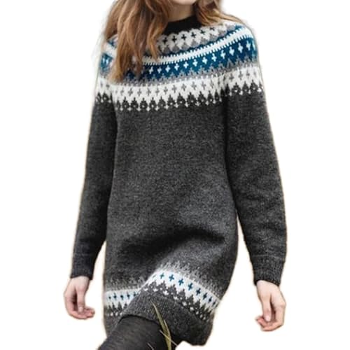 Fall Winter Fair Isle Long Sweater Dress for Women Vintage Long Sleeve Crewneck Iceland Knit Pullover Mini Dresses(Black01, Small)