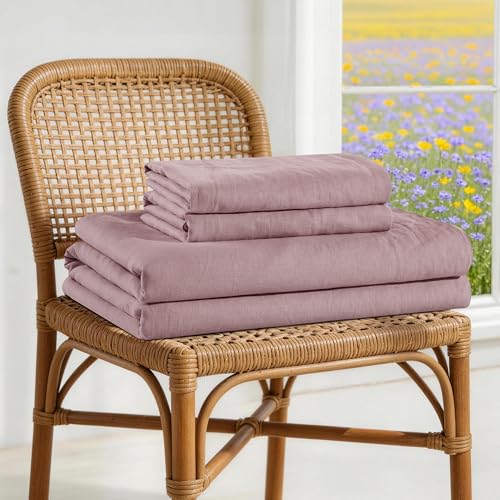 Image of 100% French Linen Sheet Set 4Pcs Deep Pocket 16 inch, Cal King Size Purple