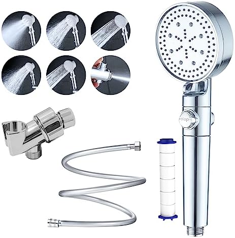 High Pressure Shower Head with 5 Spray Settings,Filtered Handheld Showerheads with ON/OFF Switch,Powerful Cleaning Spray Gun Mode,Extra Long 59'' PVC Hose, Adjustable Shower Arm Mount (SLIVER)
