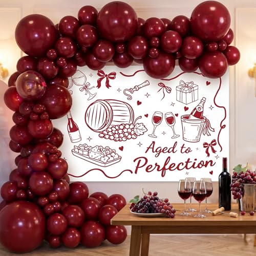 131 Pcs Burgundy Aged to Perfection Birthday Decor Set Wine Red Garland Balloon Kit with Aged Like Fine-Wine Backdrop Wine Party Supplies for Womens Birthday Retirement Anniversary(Perfection)
