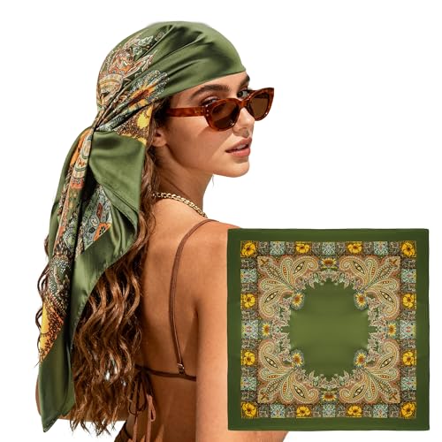Vylxuxa Large Square Head Scarf Bandana - 35 Satin Hair Scarf for Women Like Silk Scarf Fashion Printed Green Head Scarves for Hair Wrapping