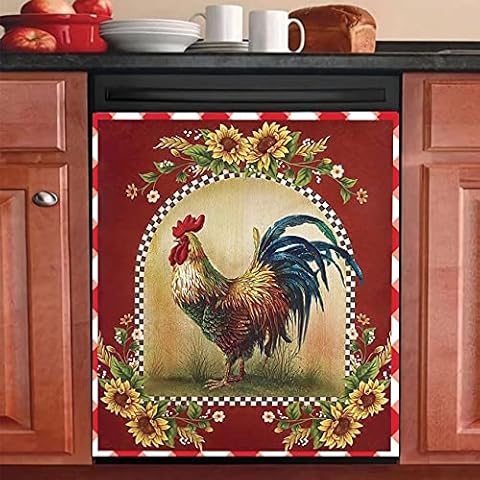 Rooster Hen Magnet Dishwasher Door Cover Kitchen Decorative,Sunflower Chicken Refrigerator Door Sticker,Fridge Magnetic Cover Decals Sheet,Home Cabinet Appliances Decor Panel Decal 23"Wx26"H Cover