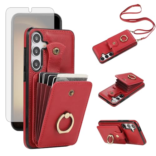 Asuwish Phone Case for Samsung Galaxy A35 5G Wallet Cell Cover with Screen Protector and Crossbody Strap Ring Stand RFID Credit Card Holder Full Body Protective Leather A 35 35A A355G Women Girls Red