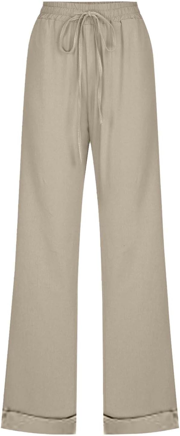 Womens Casual Cotton Linen Pants Lightweight Summer Relax Fit Elastic Waist Solid Lounge Long Trousers with Pockets