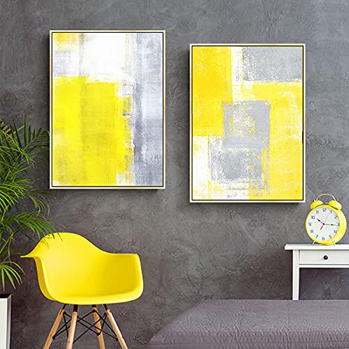 Peinture abstraite moderne sur toile 60x90 jaune gris blanc déco salon