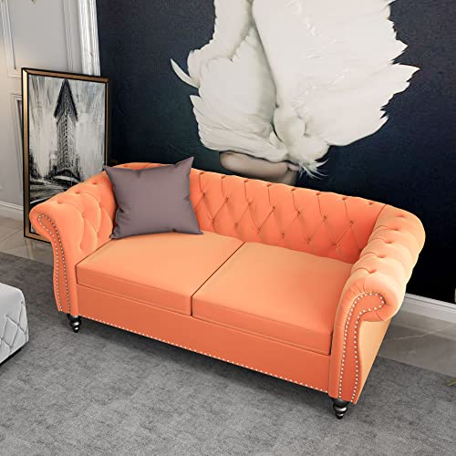 Image of ORRD Chesterfield Loveseat, Modern Velvet Sofa Tufted Couch 2 Seater with Scroll Arms and Nailhead for Living Room, Bedroom, Office, Apartment (Orange)