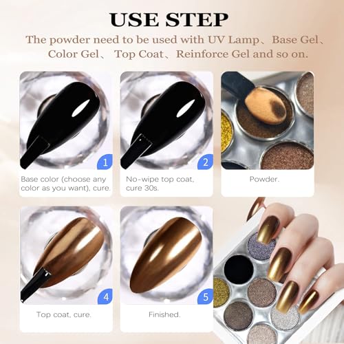 Image of 9 Colors Chrome Nail Powder Palette, Black Gold Brown Silver Metallic Mirror Holographic Chrome Powder for Nails, Fine Glitter Nail Art Decoration for Home DIY Salon Manicure Pigment, D
