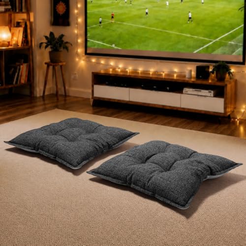 SINOSSO Floor Pillows Large Square 22x22 Inch, Minimalist Color-Block Meditation Cushions, Non-Slip Shredded Memory Foam Floor Cushions for Yoga, Reading, Tatami, Chair Seat, Black-Gray, 2 Pack