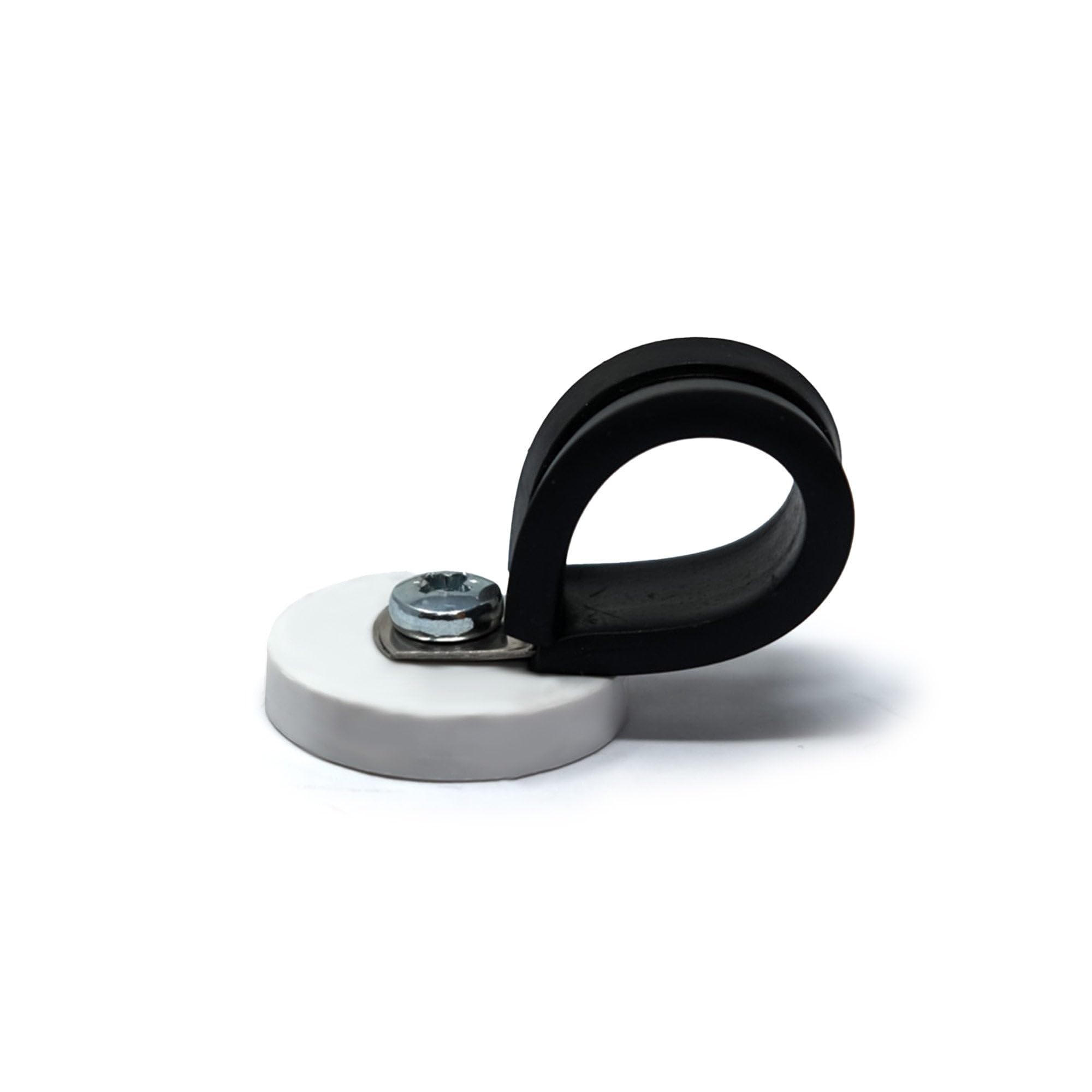 Imán de sujeción de cable recubierto de goma de 31 mm de diámetro x 6 mm de alto con abrazadera de goma de 19 mm (blanco) – 5,7 kg de fuerza (paquete de 40)