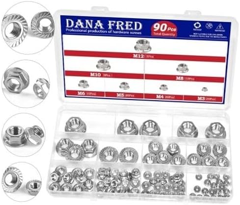 M3-M12 304 Stainless Steel Flange Nut Kit，90pcs 7 Sizes Hex Lock Self-Locking