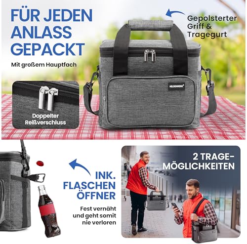 HELDENWERK® Kühltasche klein faltbar – 12h Kühlleistung – Thermotasche auslaufsicher & wasserdicht – Kühlbox, Picknicktasche, Lunchtasche, Isoliertasche mit 5 Fächern & verstärktem Boden 4