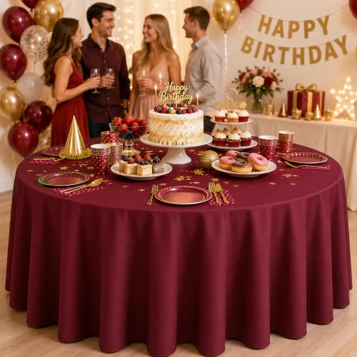 Image of WNINK 2 Pack Burgundy Round Tablecloth, 84 Inch Disposable Plastic Table Covers, Burgundy Round Table Cover for Wedding, Bridal Shower, Anniversary, Holiday, Banquet Party Supplies
