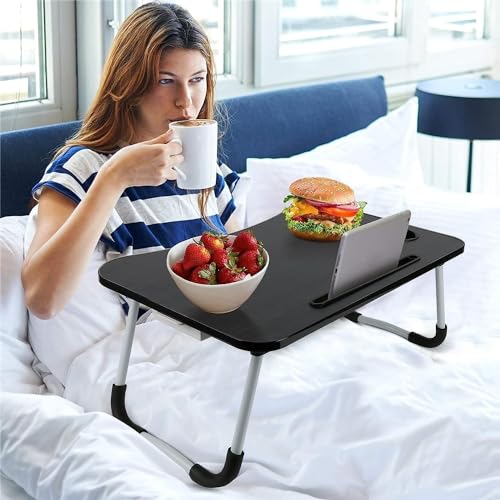 Image of TEKCOOL Study Table Foldable Wooden Laptop Bed Tray Table, Multifunction Lap Tablet Desk with Cup Holder, Perfect for Eating Breakfast, Reading Book, Working, Watching Movie On Bed;
