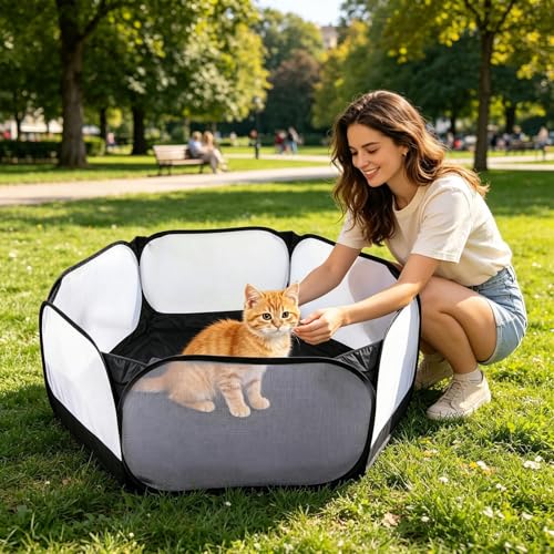 Kleintier- Laufstall- rutschfestes, tragbares Haustiergehege für drinnen und draußen | Hund, Katze, Hase, Kätzchen, Welpen, Sicherheitszaun für Haus, Garten, Hof, Camping, Wohnzimmer, Schlaf-2