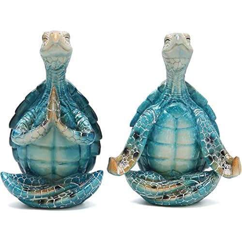 2Pcs Sea Turtle Meditating Yoga Statues – Beach & Home Office/Bedroom Decor – Resin Zen Turtle Figurines for Beachy Decor