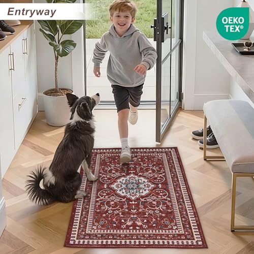 Tapete Boho Rojo 2' x 3' Lavable Antideslizante miniatura 2