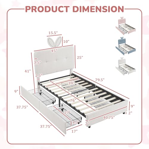 Image of Twin Led Bed Frame with 4 Storage Drawer, Upholstered Platform Floor Bed with Rabbit Ear Headboard Daybed Strong Wooden Slats No Box Spring Needed for Kids Girls Boys, Beige