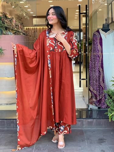 Image of GoSriKi Women's Rayon Viscose Anarkali Printed Kurta with Pant & Dupatta