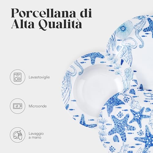 Baroni Home Servizio di Piatti da 18 pezzi in Porcellana, Servito da Tavolo Colorato per 6 Persone, Piatto Fondo, Piano, da Frutta o Dolce Stelle Marine - immagine 4