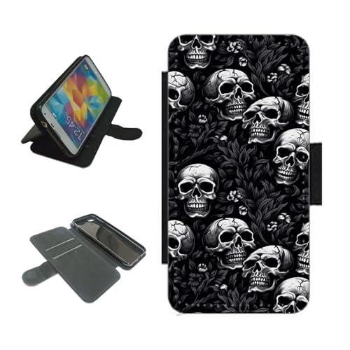 Image of Skull pattern phone case wallet For Apple iPhone/For Samsung Galaxy Silicone rubber holder flip case, PU leather back panel, card slots. Phone cover halloween horror Black