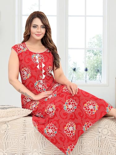 Image of Women's Cotton Free Size Nighty Maxi Dress - Sleeveless Long Floral Printed Night Gown | Soft Breathable Lounge Wear | Full Length Comfortable House Dress