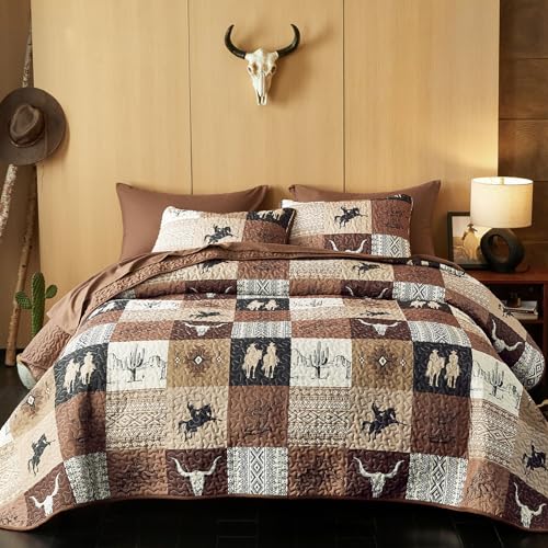 Wake In Cloud - Western Quilt Set, Southwestern Aztec Country Horse Cowboy Rustic Ranch Pattern Printed, Reversible Lightweight Bedspread Coverlet, 3 Pieces, Tan Brown, Queen/Full Size